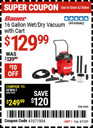 BAUER: 16 Gallon Wet/Dry Vacuum with Cart