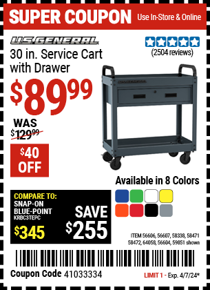 U.S. GENERAL: 30 in. Service Cart with Drawer, Slate Gray