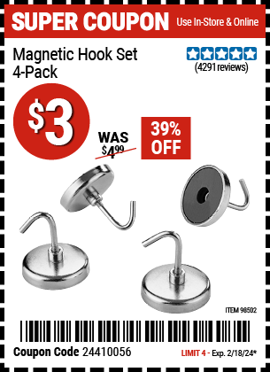 HFT: Magnetic Hook Set, 4 Pack