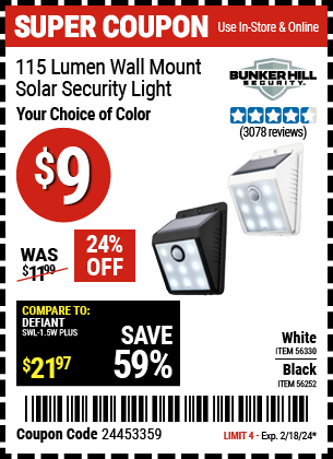 BUNKER HILL SECURITY: 115 Lumen Wall Mount Solar Security Light, Black