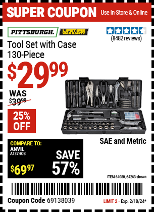 PITTSBURGH: Tool Set with Case, 130 Piece