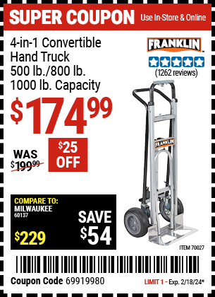 FRANKLIN: 4-in-1 Convertible Hand Truck, 500 lb./800 lb./1000 lb. Capacity