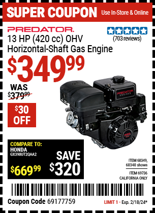 PREDATOR: 13 HP (420cc) OHV Horizontal Shaft Gas Engine, EPA