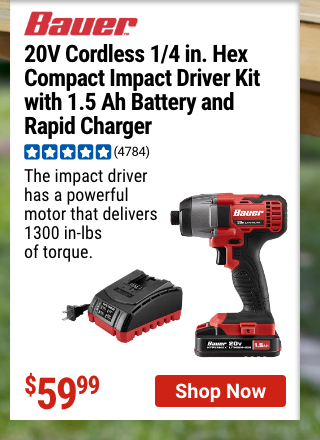 BAUER: 20V Cordless 1/4 in. Hex Compact Impact Driver Kit with 1.5Ah Battery and Charger