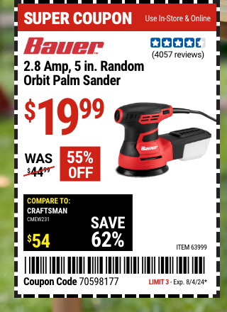 BAUER: 2.8 Amp, 5 in. Random Orbit Palm Sander- coupon