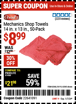GRANT'S: Mechanics Shop Towels 14 in. x 13 in., 50-Pack