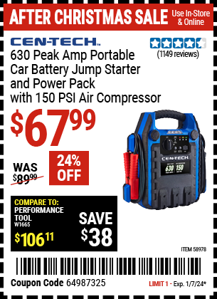 CEN-TECH: 630 Peak Amp Portable Car Battery Jump Starter and Power Pack with 150 PSI Air Compressor