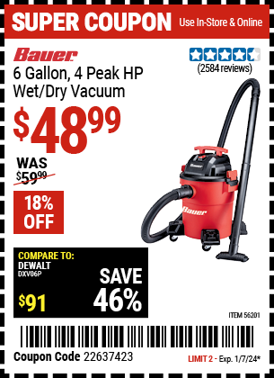 BAUER: 6 Gallon, 4 Peak HP Wet/Dry Vacuum