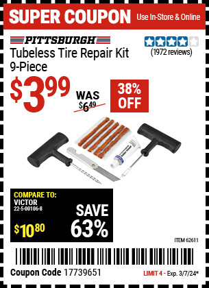 PITTSBURGH AUTOMOTIVE: Tubeless Tire Repair Kit, 9-Piece