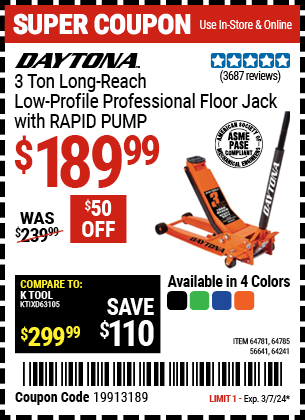 DAYTONA: 3 Ton Long-Reach Low-Profile Professional Floor Jack with RAPID PUMP, Blue