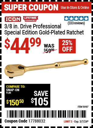 ICON: 3/8 in. Drive Professional Special Edition Gold Plated Ratchet