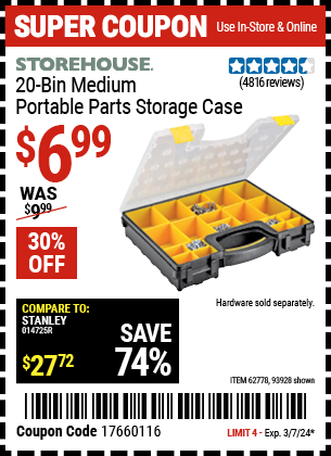 STOREHOUSE: 20-Bin Medium Portable Parts Storage Case 