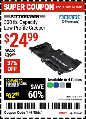 PITTSBURGH AUTOMOTIVE: 300 lb. Capacity Low-Profile Creeper, Black