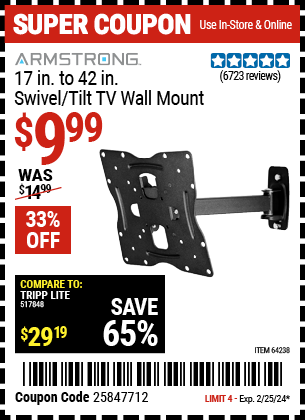 ARMSTRONG: 17 in. to 42 in. Swivel/Tilt TV Wall Mount - coupon