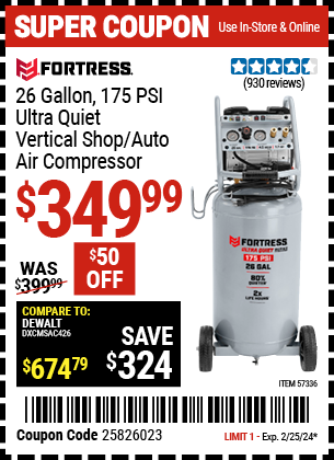 FORTRESS: 26 Gallon 175 PSI Ultra Quiet Vertical Shop/Auto Air Compressor - coupon