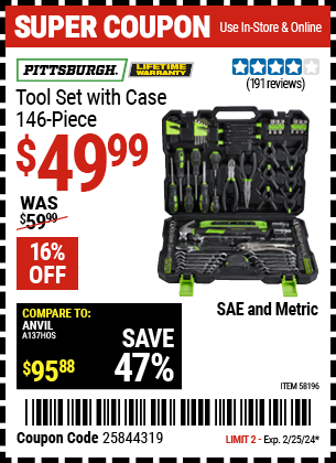 PITTSBURGH: Tool Set With Case, 146 Piece - coupon