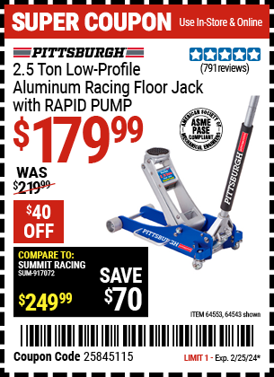 PITTSBURGH AUTOMOTIVE: 2.5 ton Low-Profile Aluminum Racing Floor Jack with RAPID PUMP - coupon