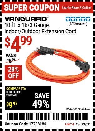 VANGUARD: 10 ft. x 16/3 Gauge Indoor/Outdoor Extension Cord, Orange