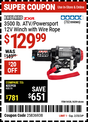 BADLAND: ZXR 3500 lb. ATV/Powersport 12V Winch with Wire Rope - coupon