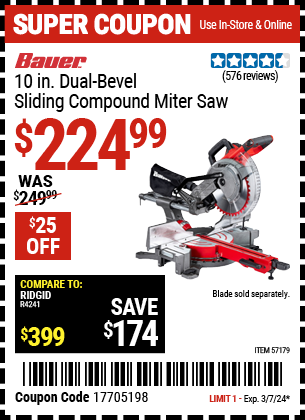 BAUER: 10 in. Dual-Bevel Sliding Compound Miter Saw