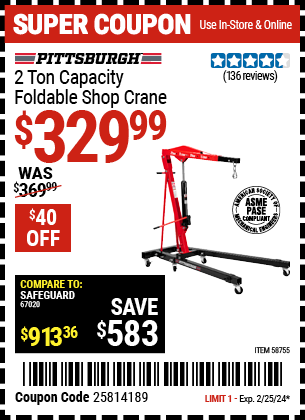 PITTSBURGH: 2 Ton-Capacity Foldable Shop Crane - coupon