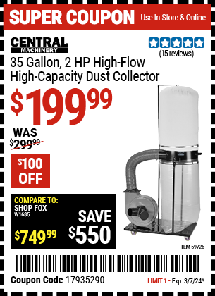 CENTRAL MACHINERY: 35 Gallon, 2 HP High-Flow High-Capacity Dust Collector