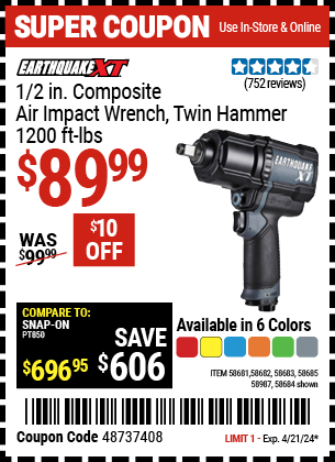 EARTHQUAKE XT: 1/2 in. Composite Air Impact Wrench, Twin Hammer, 1200 ft. lbs., Blue