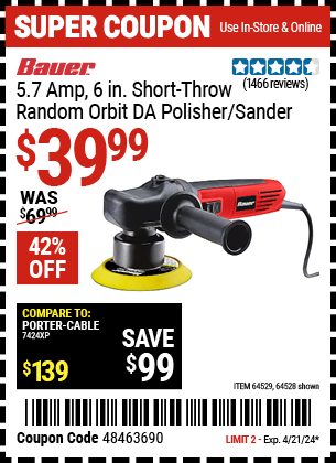 BAUER: 5.7 Amp 6 in. Short-Throw Random Orbit DA Polisher/Sander