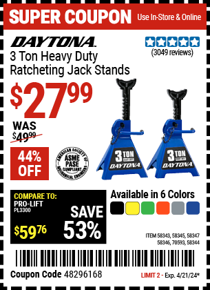 DAYTONA: 3 Ton Heavy Duty Ratcheting Jack Stands