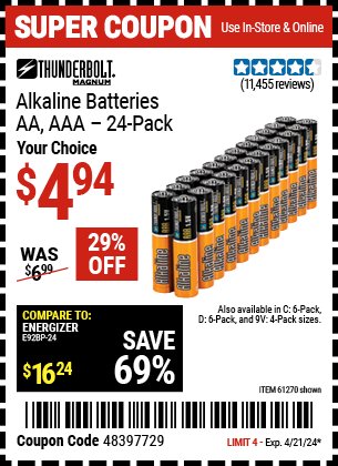 THUNDERBOLT MAGNUM: AA Alkaline Batteries, 24 Pack