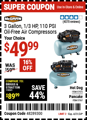 MCGRAW: 3 Gallon 1/3 HP 110 PSI Oil-Free Hot Dog Air Compressor