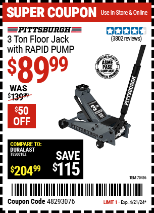 PITTSBURGH: 3 Ton Floor Jack with RAPID PUMP, Slate Gray