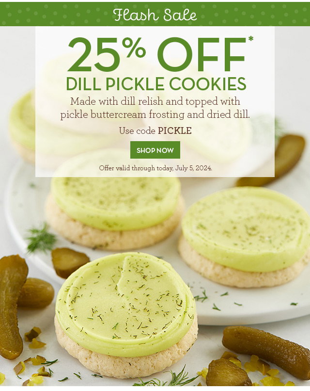 Flash Sale - 25% Off Dill Pickle Cookies - Made with dill relish and topped with pickle buttercream frosting and dried dill.