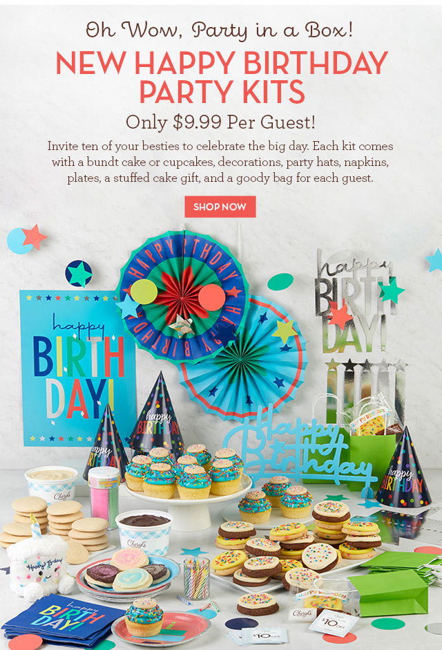 Oh Wow, Party in a Box! New Happy Birthday Party Kits - Only \\$9.99 Per Guest - Invite ten of your besties to celebrate the big day. Each kit comes with a bundt cake or cupcakes, decorations, party hats, napkins, plates, a stuffed cake gift, and a goody bag for each guest.