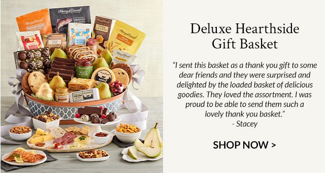 Deluxe Hearthside Gift Basket - 'I sent this basket as a thank you gift to some dear friends and they were surprised and delighted by the loaded basket of delicious goodies. They loved the assortment. I was proud to be able to send them such a lovely thank you basket.' - Stacey