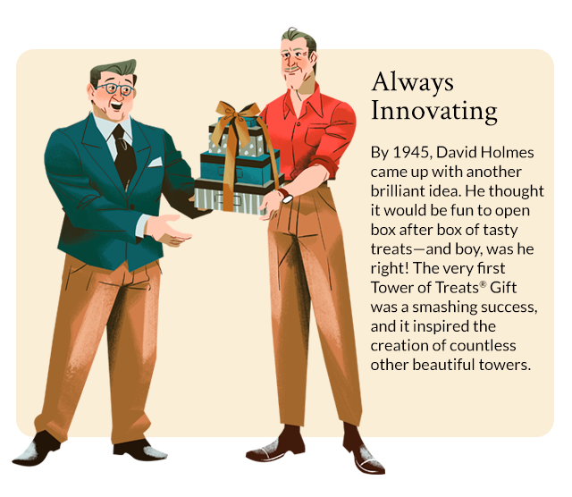 Always Innovating - By 1945, David Holmes came up with another brilliant idea. He thought it would be fun to open box after box of tasty treats—and boy, was he right! The very first Tower of Treats® Gift was a smashing success, and it inspired the creation of countless other beautiful towers.