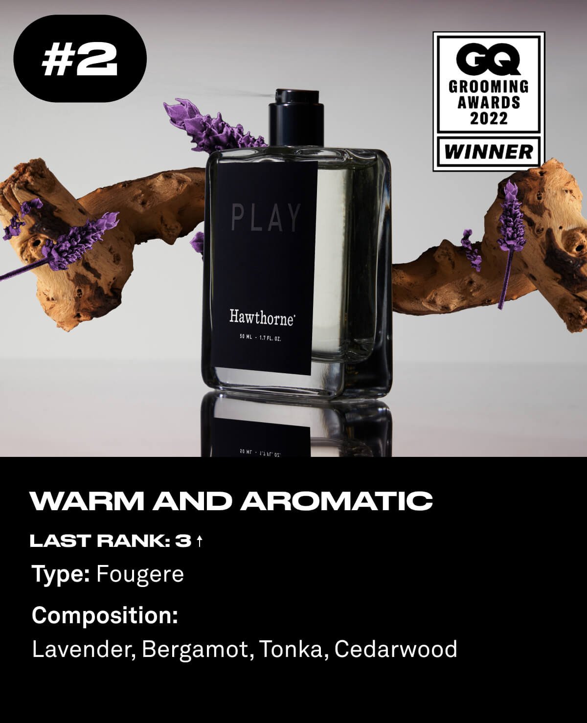 2. Warm and Aromatic Last Rank: 3 ↑ Type: Fougere Composition: Lavender, Bergamot, Tonka, Cedarwood