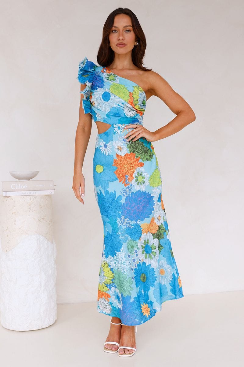 Enchanted Bouquet One Shoulder Midi Dress Blue