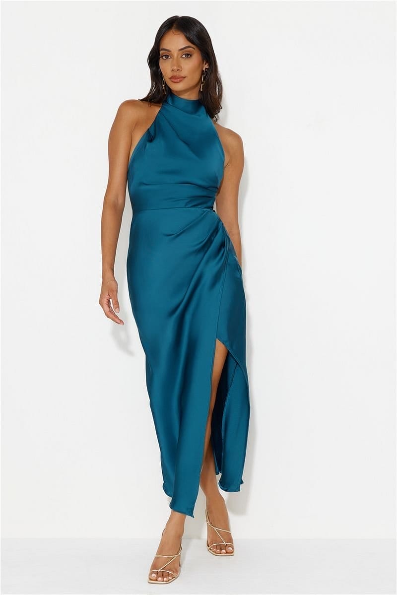 Talking Truth Halter Satin Maxi Dress Teal