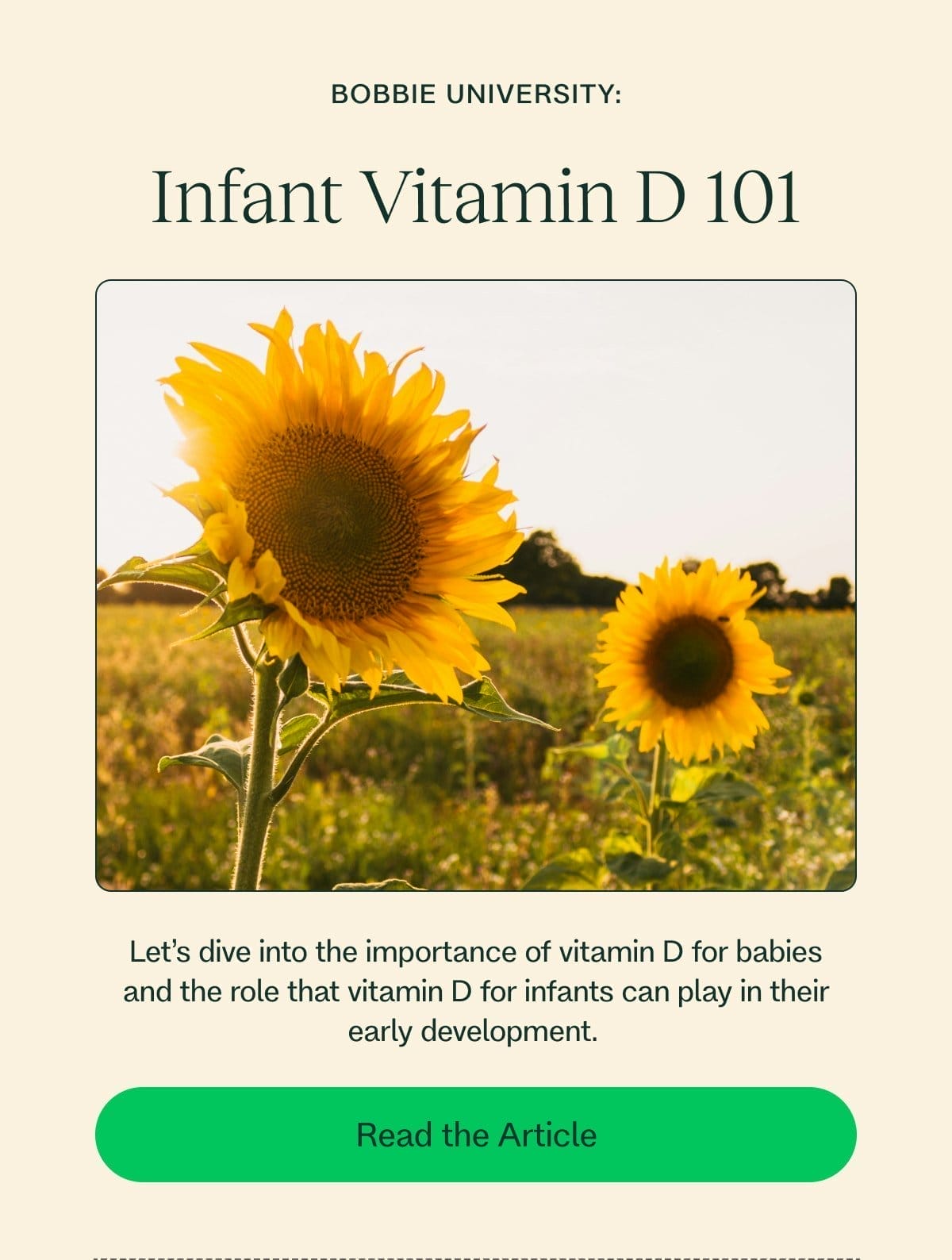 Bobbie UNIVERSITY: Infant Vitamin D 101 Let’s dive into the importance of vitamin D for babies and the role that vitamin D for infants can play in their early development.\xa0 Read the Article