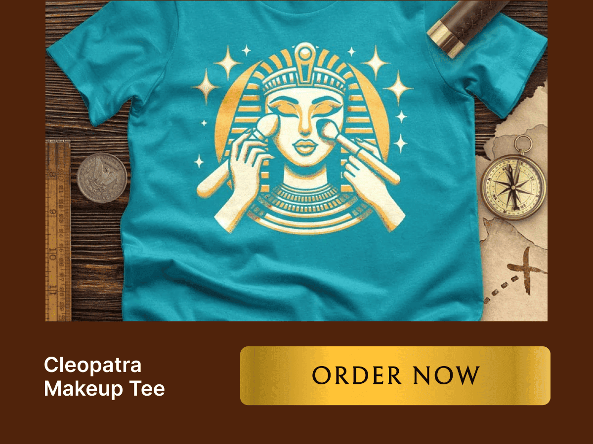 [Featured image of light blue tee with Cleopatra putting on makeup]