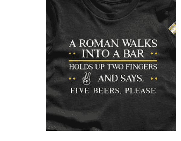 [Featured image of black Roman Walks Into a Bar tee]