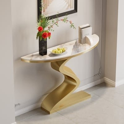 Modern 39.4" White & Gold Curved Console Table with Sintered Stone Top Half Moon Shape | Homary 