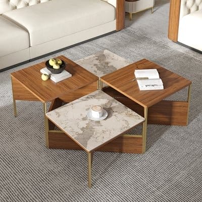 39.4" Square Modern Sintered\xa0Stone Coffee Table Walnut Veneer Coffee Table in Gold Frame | Homary 