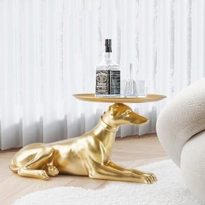 Modern Dog Side Table Floor Resin Figurine with Tray Top in Gold | Homary 