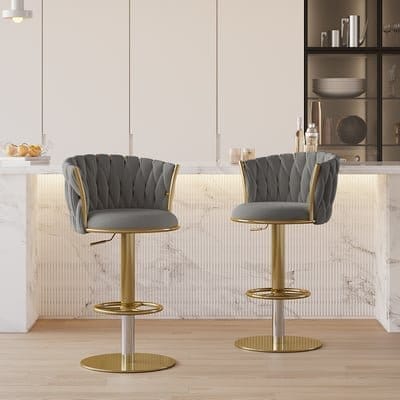 Sweave Gray Swivel Bar Stools Velvet Curved Back Adjustable Height Set of 2 | Homary 