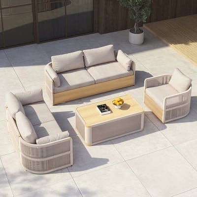 4 Pieces Modern Aluminum & Rope Outdoor Swivel Sofa Set with Coffee Table in Khaki for 6 | Homary 