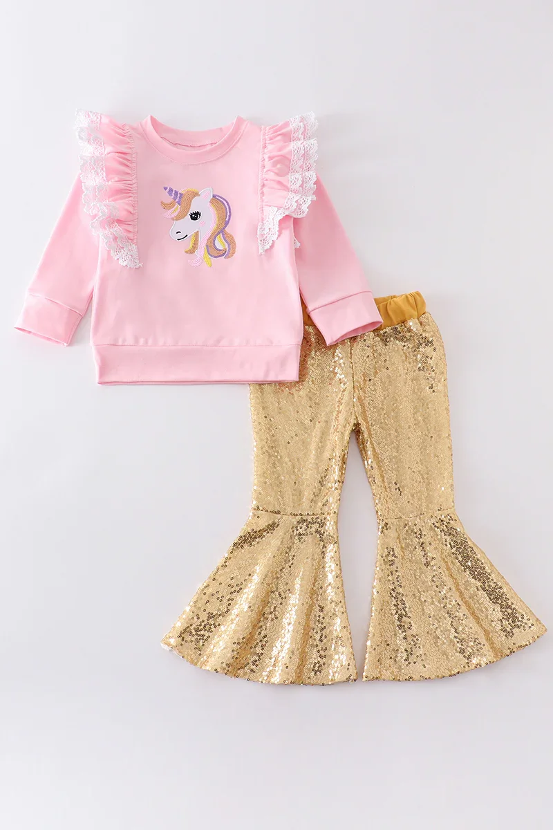 Image of Pink unicorn embroidery sequin girl set