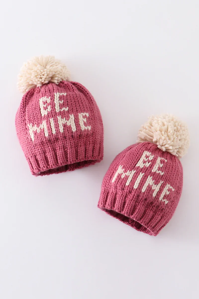 Image of Pink BE MINE knit beanie pom pom hat