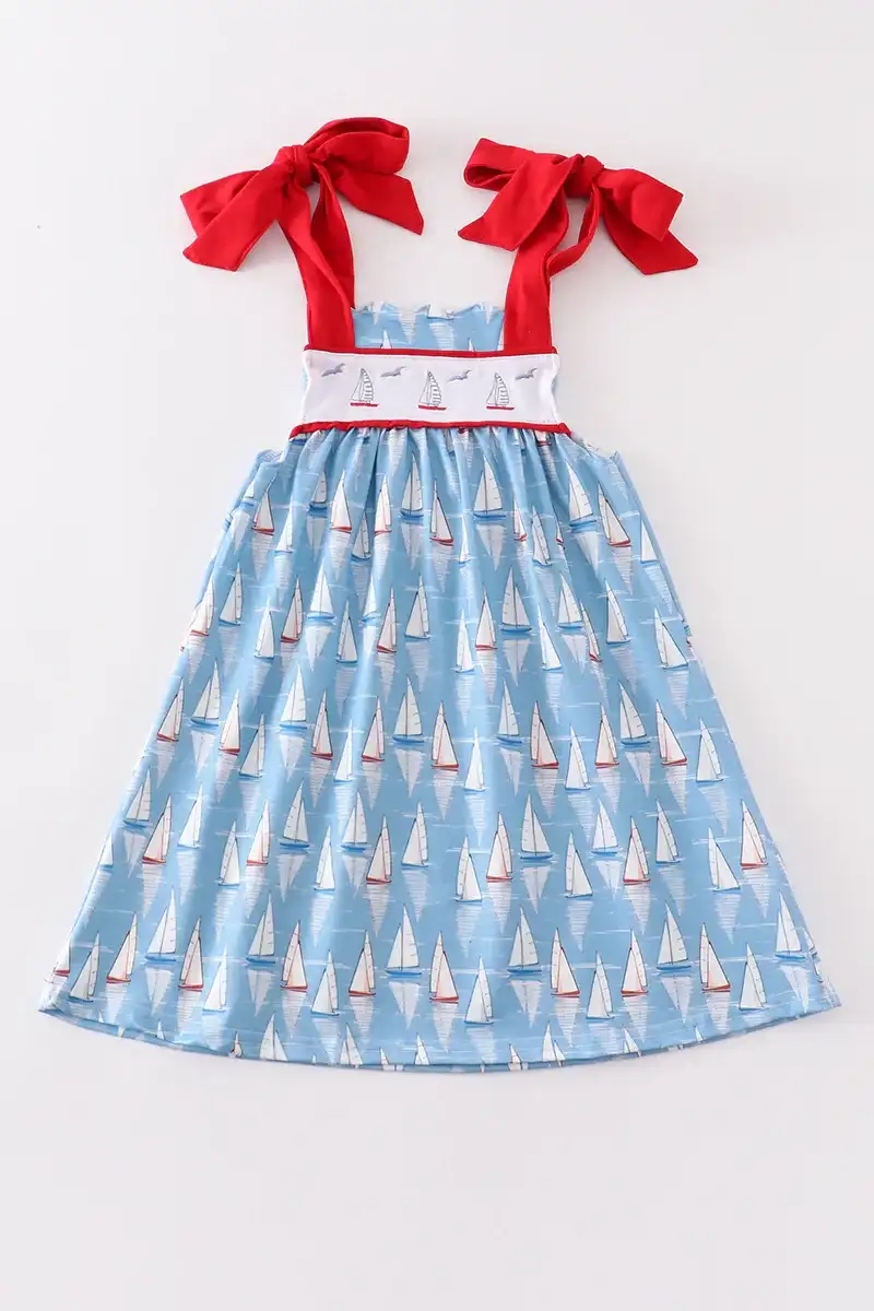 Image of Blue sailboat embroidery dress